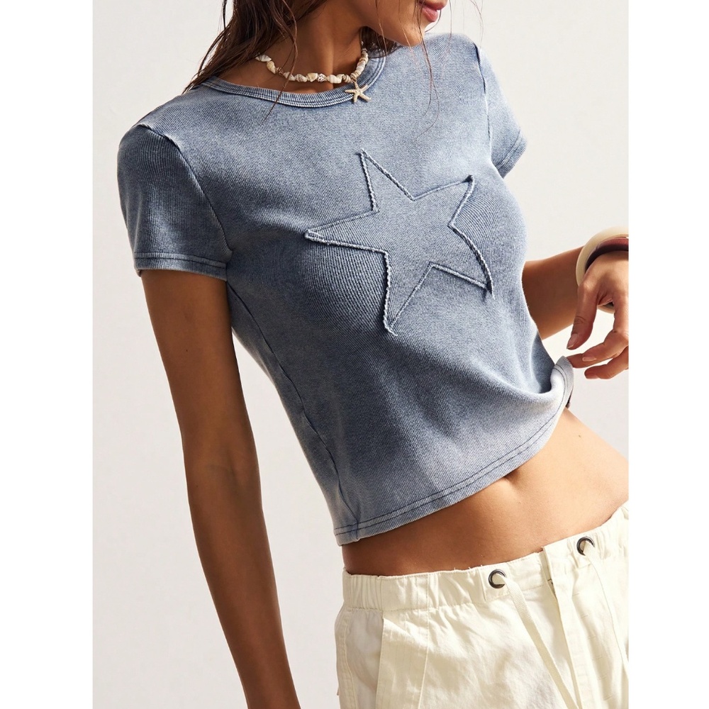 Cotton Rib Knit Grey Tee Shirt Star Patch Applique - Picture 6 of 9